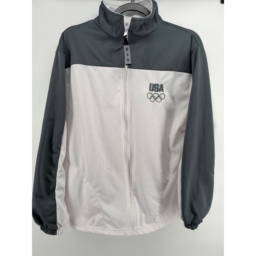 USA Olympic Committee Track Jacket Mens Large Gray White Full Zip Made in USA